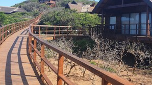 A wooden boardwalk leading to a building with a thatched roof, surrounded by greenery and hills.