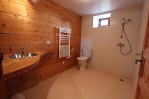 Bathroom features a toilet, sink, and shower area with a handheld showerhead.