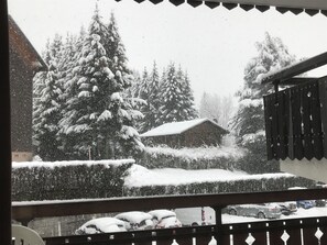 Eine verschneite Szene mit einem Haus und Bäumen.