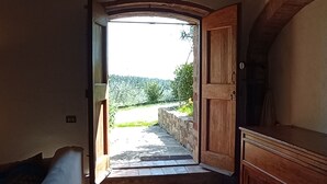 Una stanza con soffitto in legno, una porta di legno che dà sull'esterno, pavimento in mattoni e un armadietto in legno.