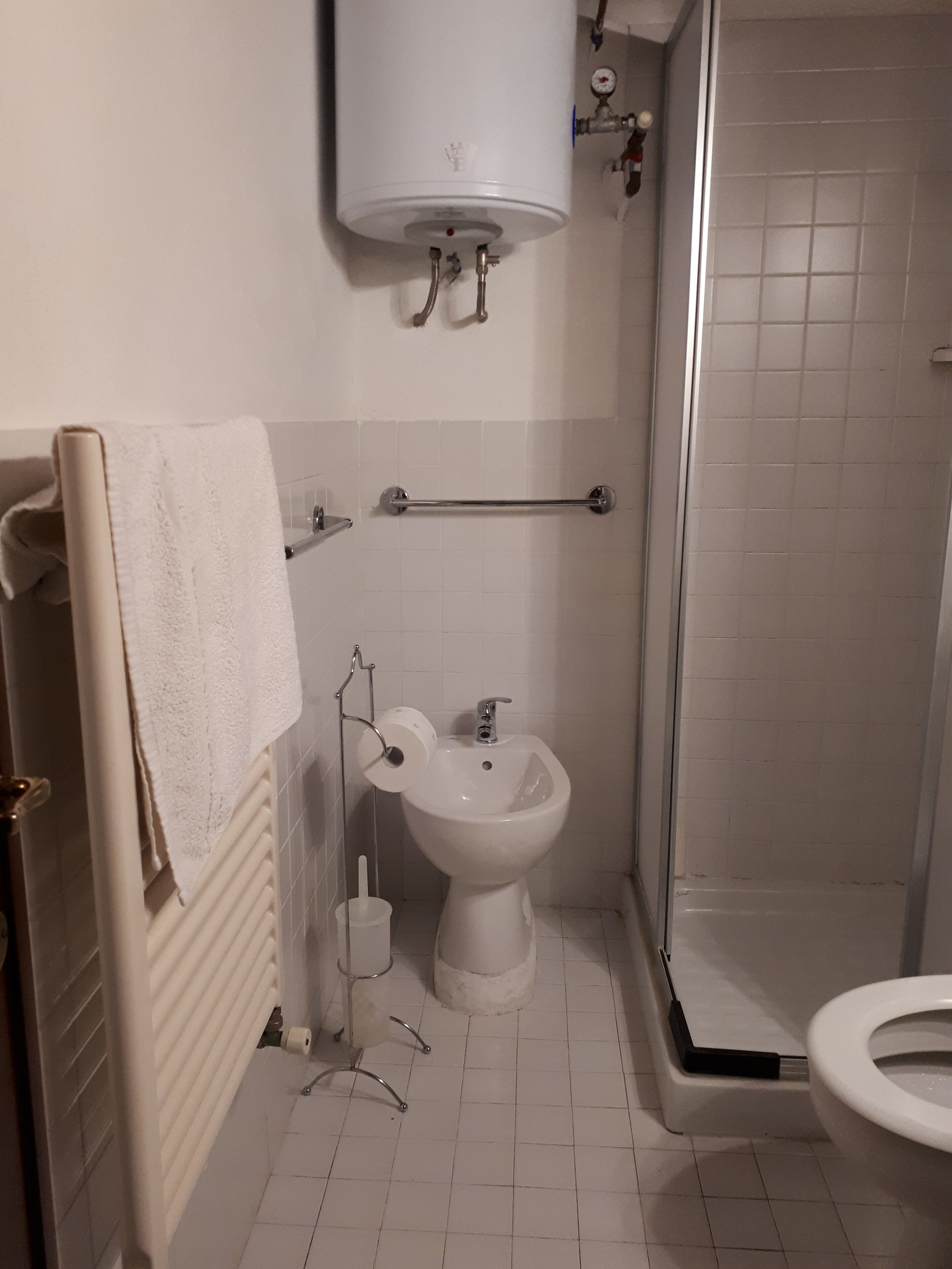 Une salle de bain équipée de toilettes, d’un bidet et d’un porte-serviettes.