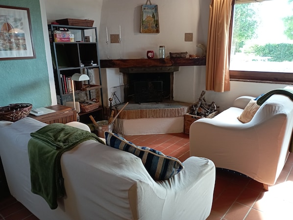 Un salon chaleureux avec une cheminée, une bibliothèque et deux fauteuils blancs.