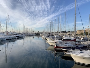 En lysthavn med mange både i havnen, roligt vand og en klar himmel.