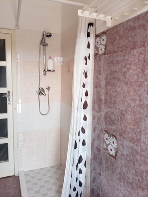 Combined shower/tub, hair dryer, bidet, towels