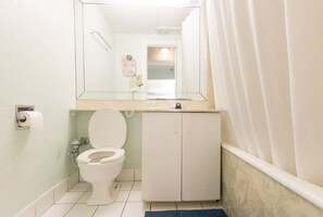 A bathroom with a toilet, a cabinet, a mirror, and a shower curtain.