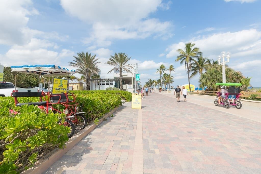 A paved walkway lined with palm trees and a parked bicycle.