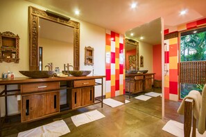 A bathroom with wooden cabinets, two large mirrors, and a tiled floor. - Beautiful Villa with Private Pool, Bali Villa 2049 (Bali)