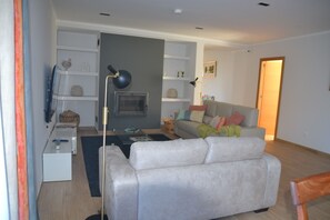 Smart TV, chimenea y libros 