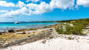 A beach with clear turquoise waters, rocky shore, and a boat in the distance. - Oceanfront Villa, Direct Ocean Access, Private Pool (Kralendijk)