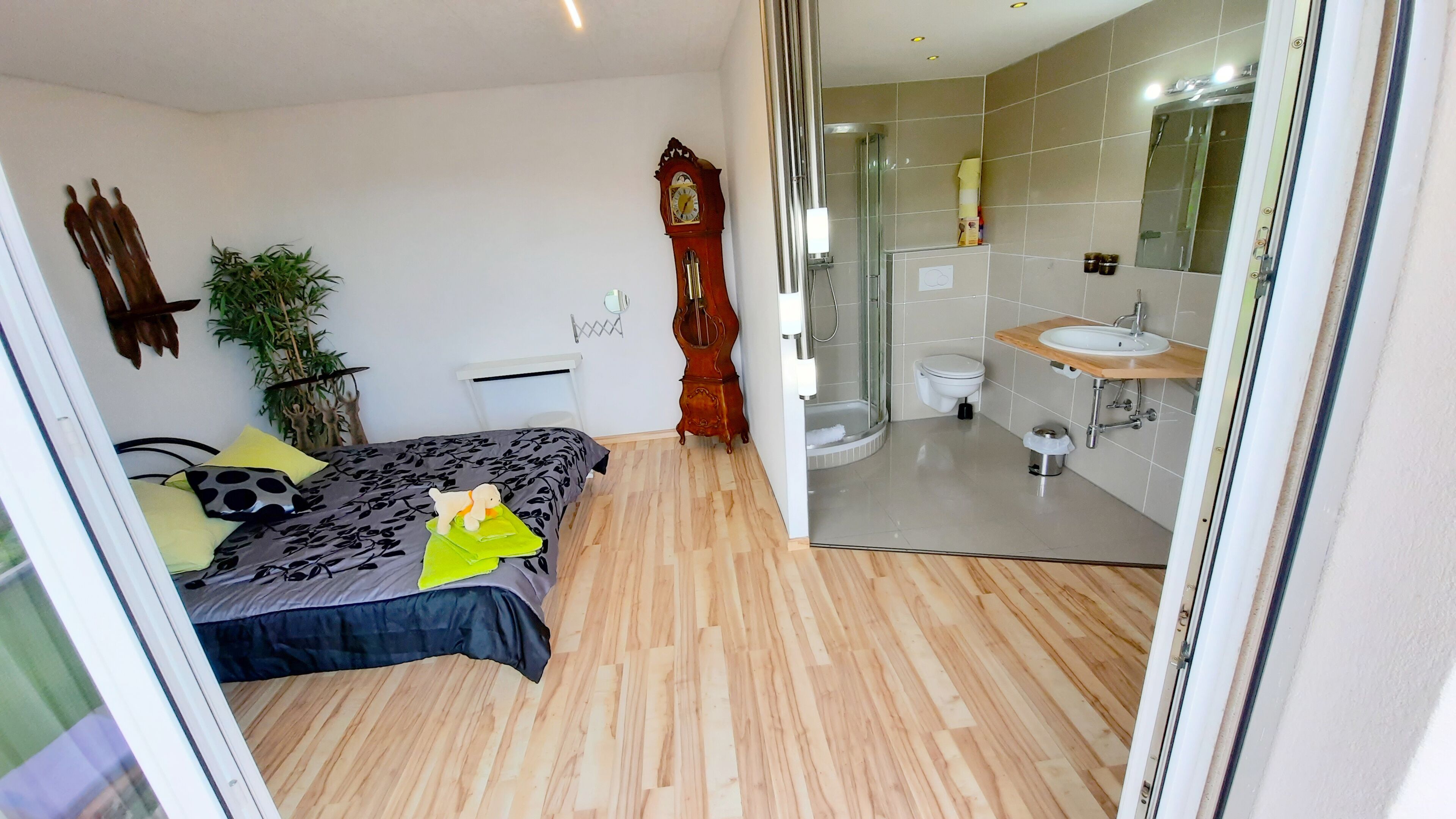 Une chambre moderne avec un plancher en bois, un lit recouvert d’une courtepointe à motifs foncés, un oreiller vert et un petit chien. À côté se trouve une salle de bain avec une douche en verre, des toilettes blanches et un meuble-lavabo en bois.