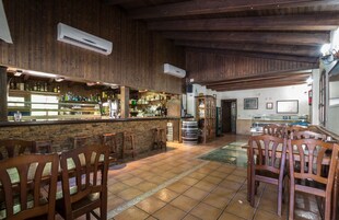 Un área de bar con paredes de madera, una barra de piedra y varias sillas de madera.