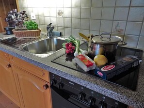 Kühlschrank, Ofen, Herdplatte, Wasserkocher mit Kaffee-/Teezubehör