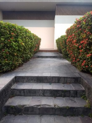 A set of stone steps leading up to a building entrance, flanked by neatly trimmed hedges with red flowers. - Pousada Ariús Premium (Campina Grande)