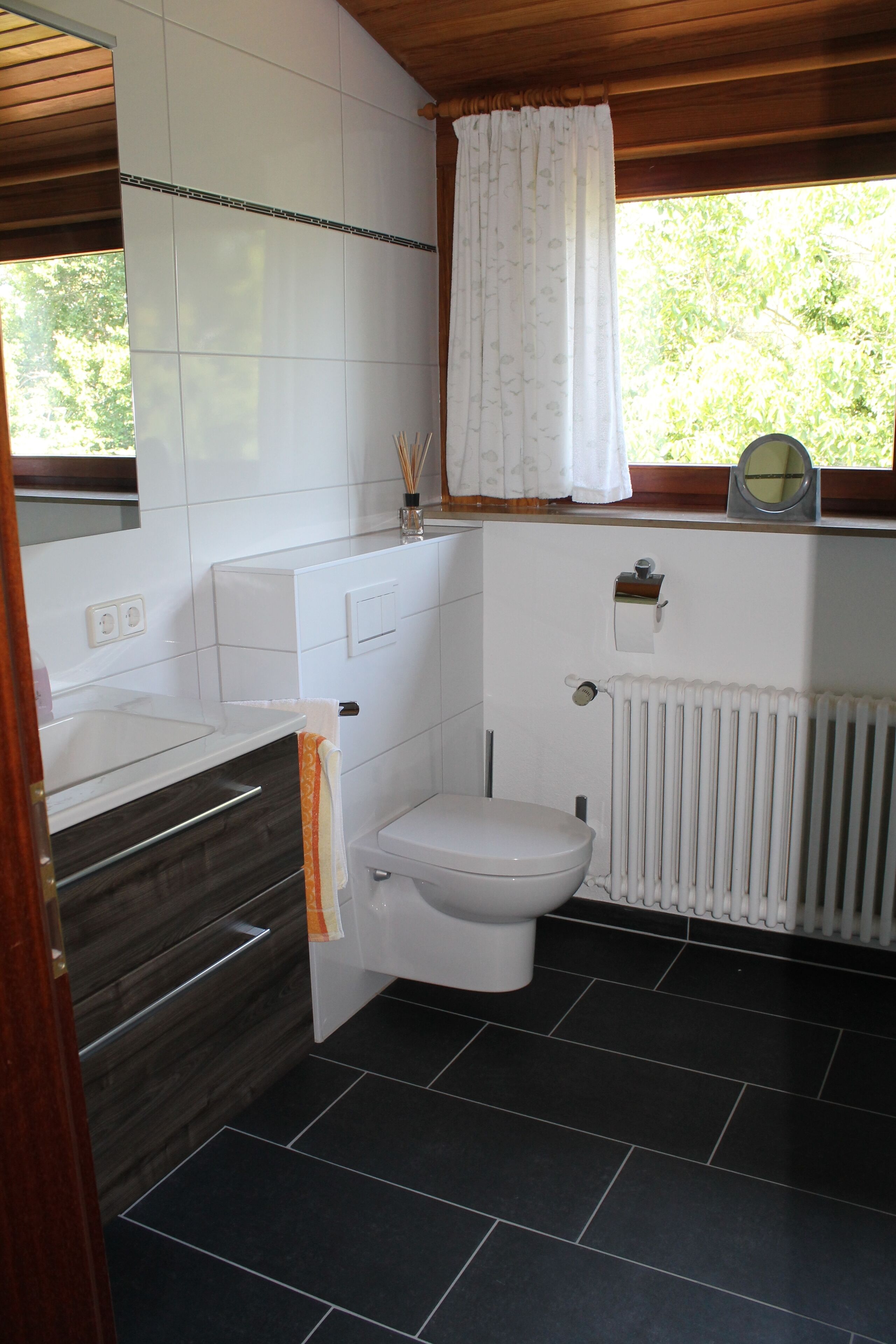 Shower, towels, soap, toilet paper