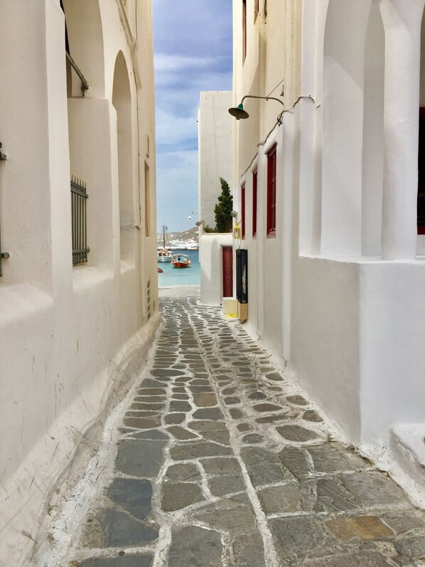 A narrow cobblestone street flanked by white buildings with red accents, leading to a harbor with boats.