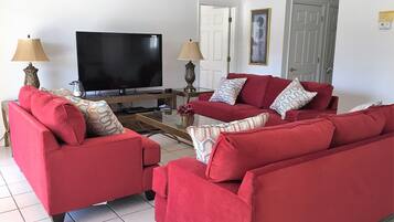 House (4636 5-Bed Disney Area Pool Home, Cum) | Living room | Flat-screen TV, DVD player