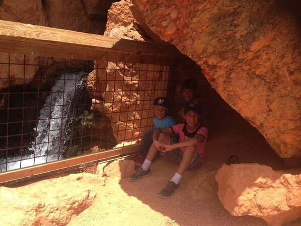 A cave-like structure with a wooden railing and a grid fence.