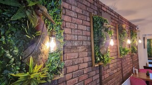 A brick wall with green plants and bird sculptures, light fixtures, and a mirror. - Creates (Monmouth)