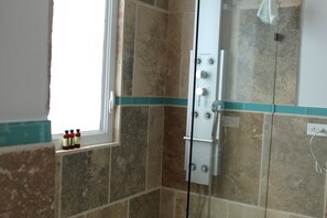 Douche, séchoir à cheveux, serviettes fournies, savon