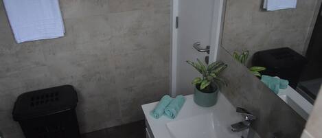 A bathroom with a white sink, a potted plant, a towel, and a trash bin.