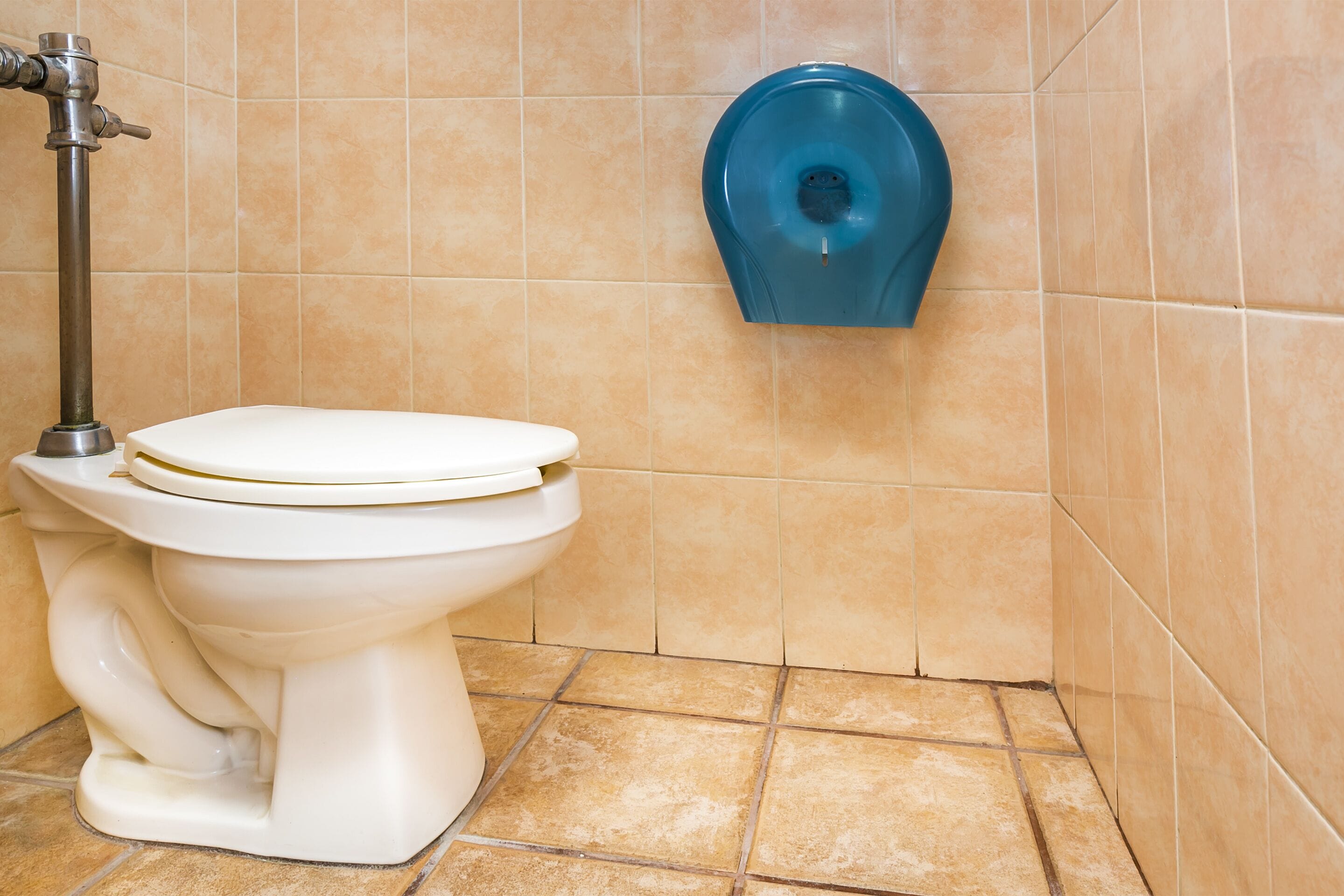 Des toilettes avec un sèche-mains bleu fixé au mur.