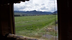 Une vue par la fenêtre, à travers un rideau à motifs, donnant sur un champ verdoyant avec des montagnes en arrière-plan.
