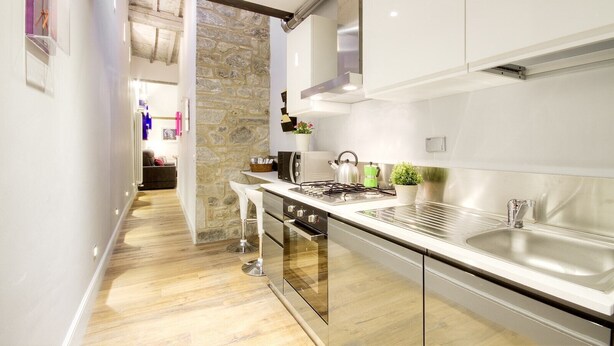 A modern kitchen with a stone accent wall, stainless steel appliances, and a glass backsplash. - Timeless Beauty Downtown (Firenze)