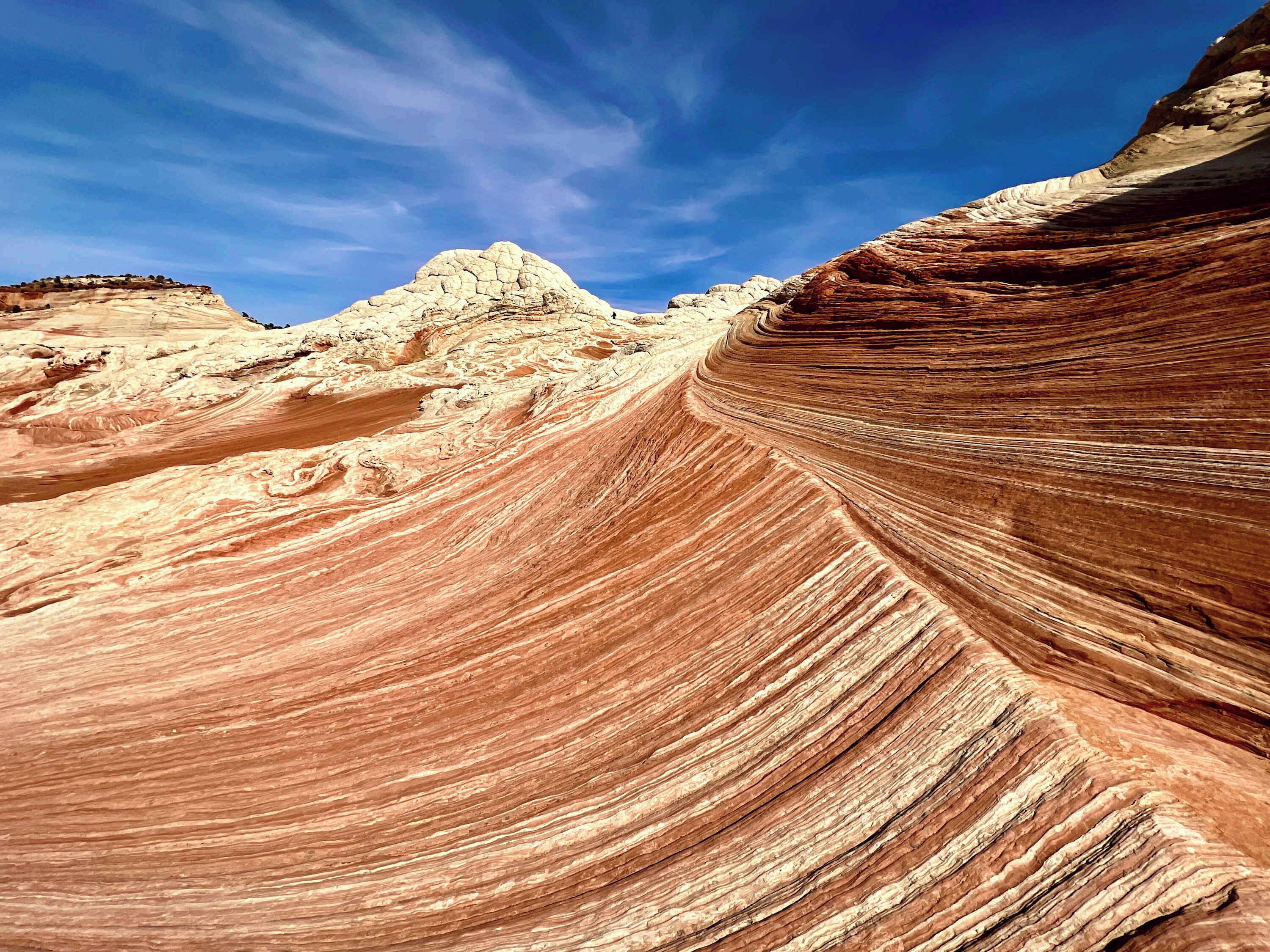 A canyon with layered rock formations and a clear sky.