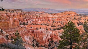 A panoramic view of a rugged canyon landscape with distinctive red rock formations and sparse vegetation.