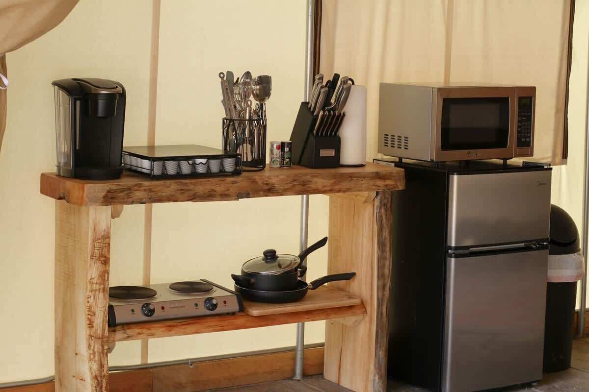 Fridge, microwave, stovetop, coffee/tea maker