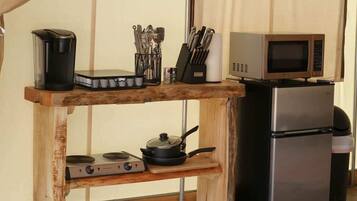 Fridge, microwave, stovetop, coffee/tea maker