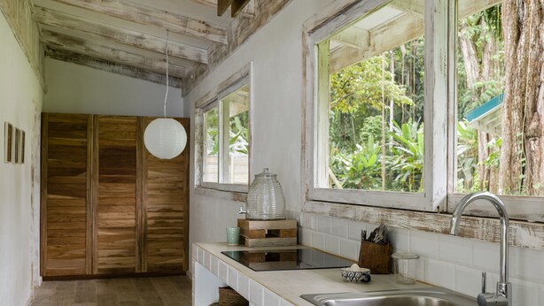 A kitchen with two sinks, wooden cabinets, and a window with a view of greenery. - Sonora Caribbean Jungle Retreat (Cahuita)