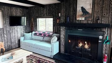 Smart TV, fireplace, DVD player, books