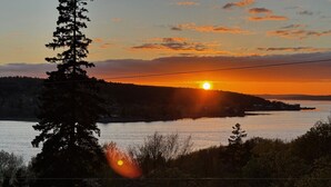 Auringonlasku vesistön yllä, ja etualalla näkyy puun siluetti.