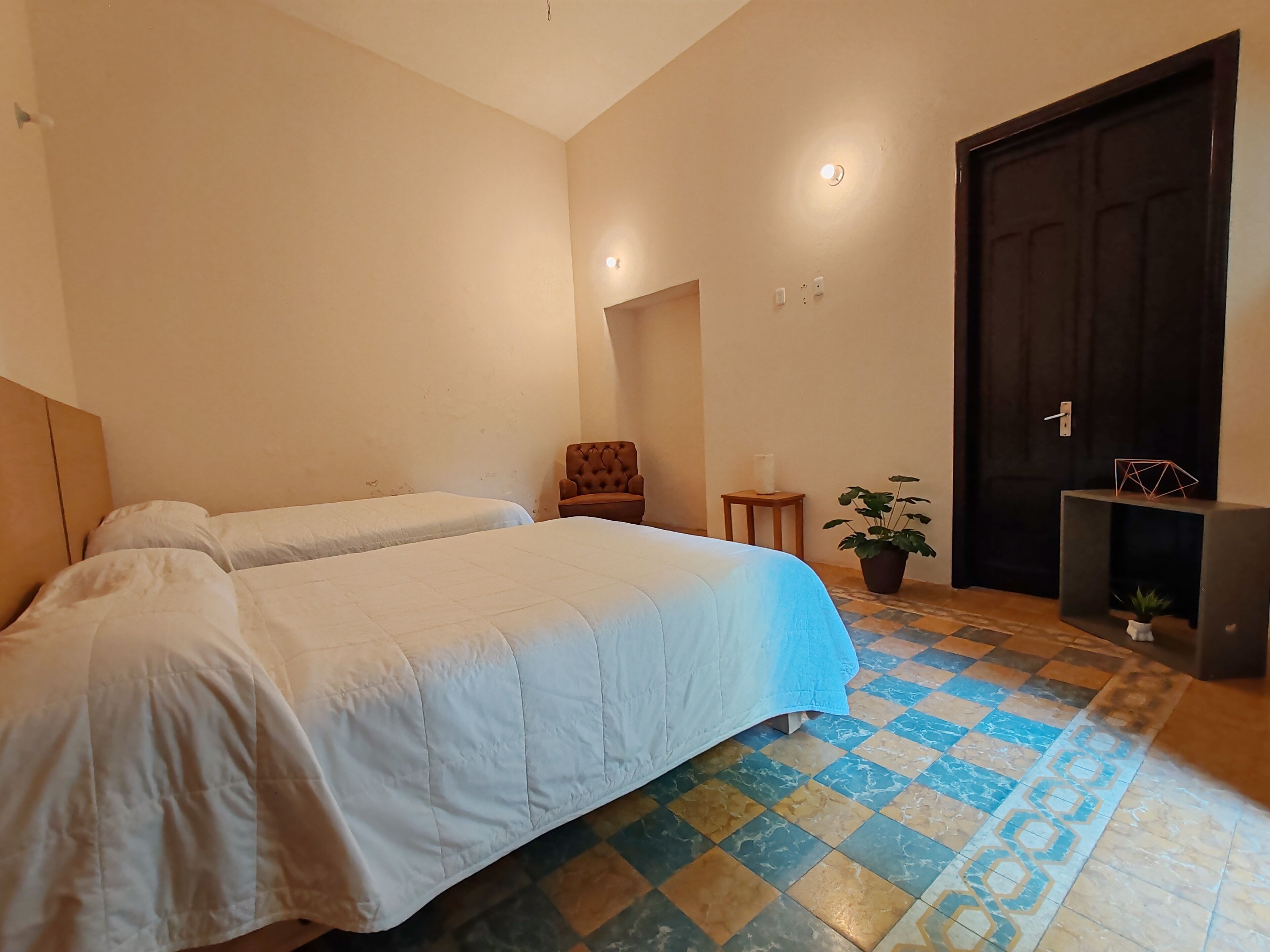 A bedroom with two beds, a chair, a potted plant, a small table, and a dark door.
