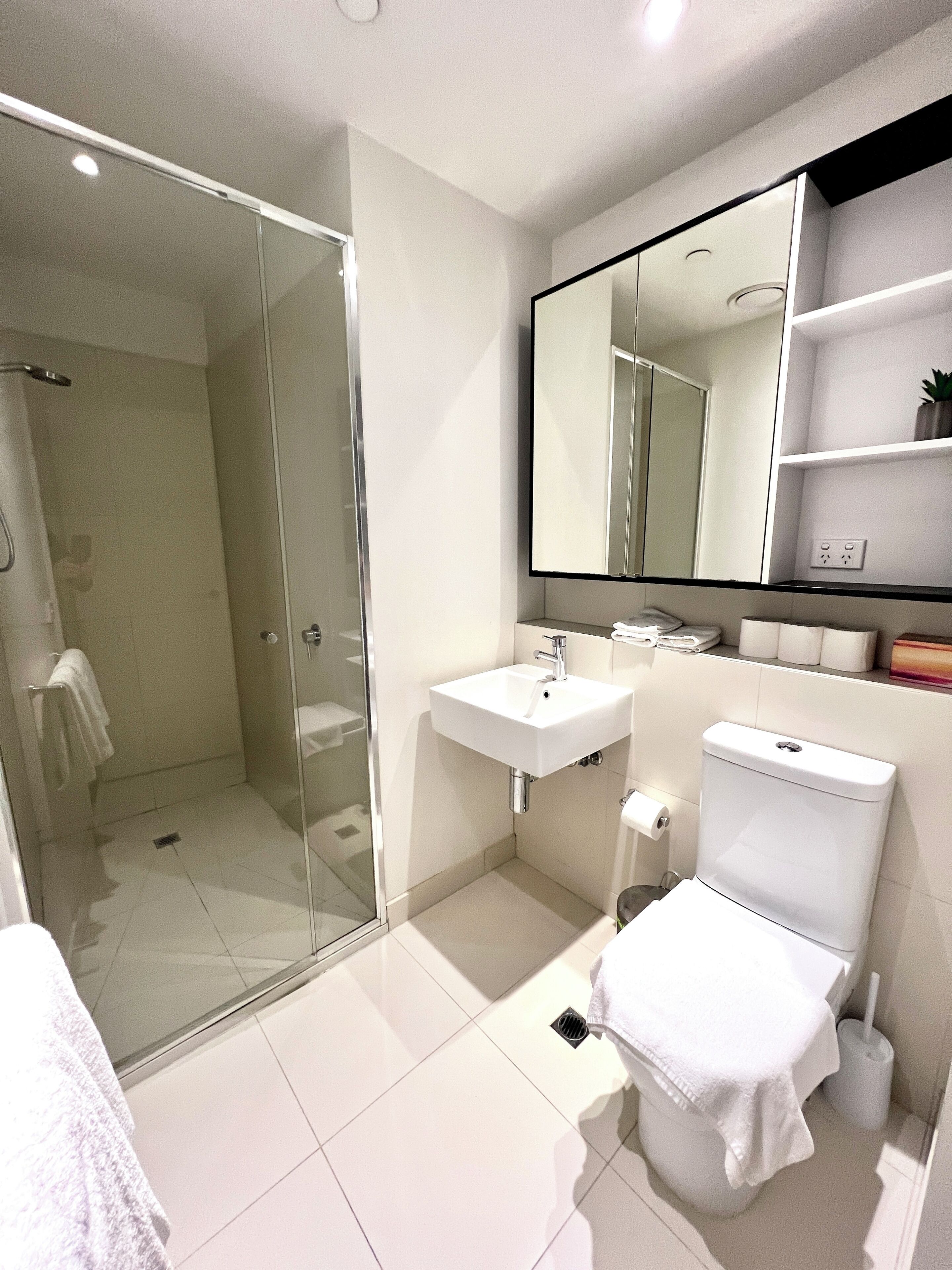 A modern bathroom with a glass-enclosed shower, a white sink, a toilet, and a mirror above the sink.