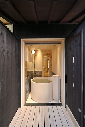Kyo no Ondokoro MARUTAMACHI | Bathroom | Separate tub and shower, deep soaking tub, hydromassage showerhead