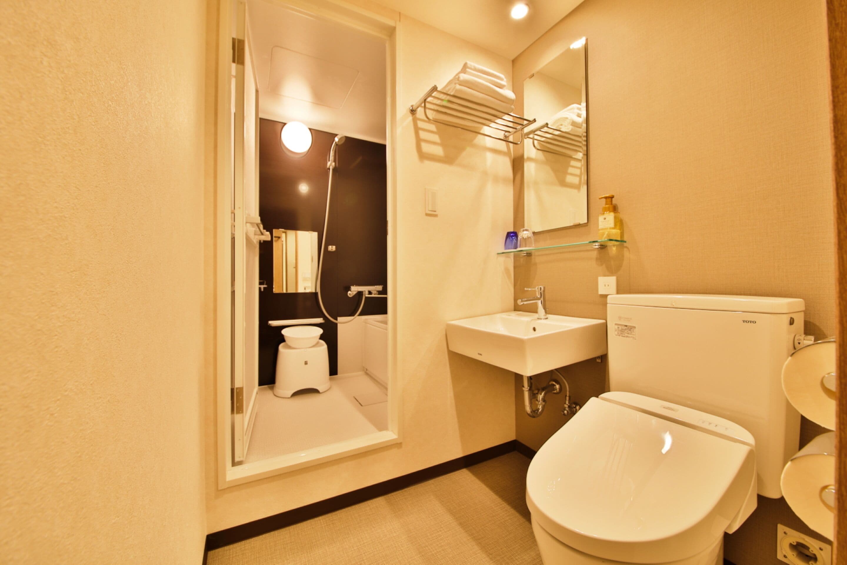 combined shower/bathtub, hair dryer, slippers, electronic bidet