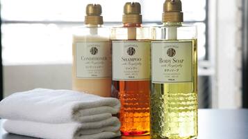 Separate tub and shower, free toiletries, hair dryer, slippers