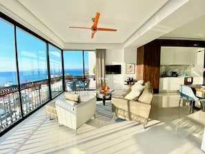 Smart TV, fireplace, books, music library