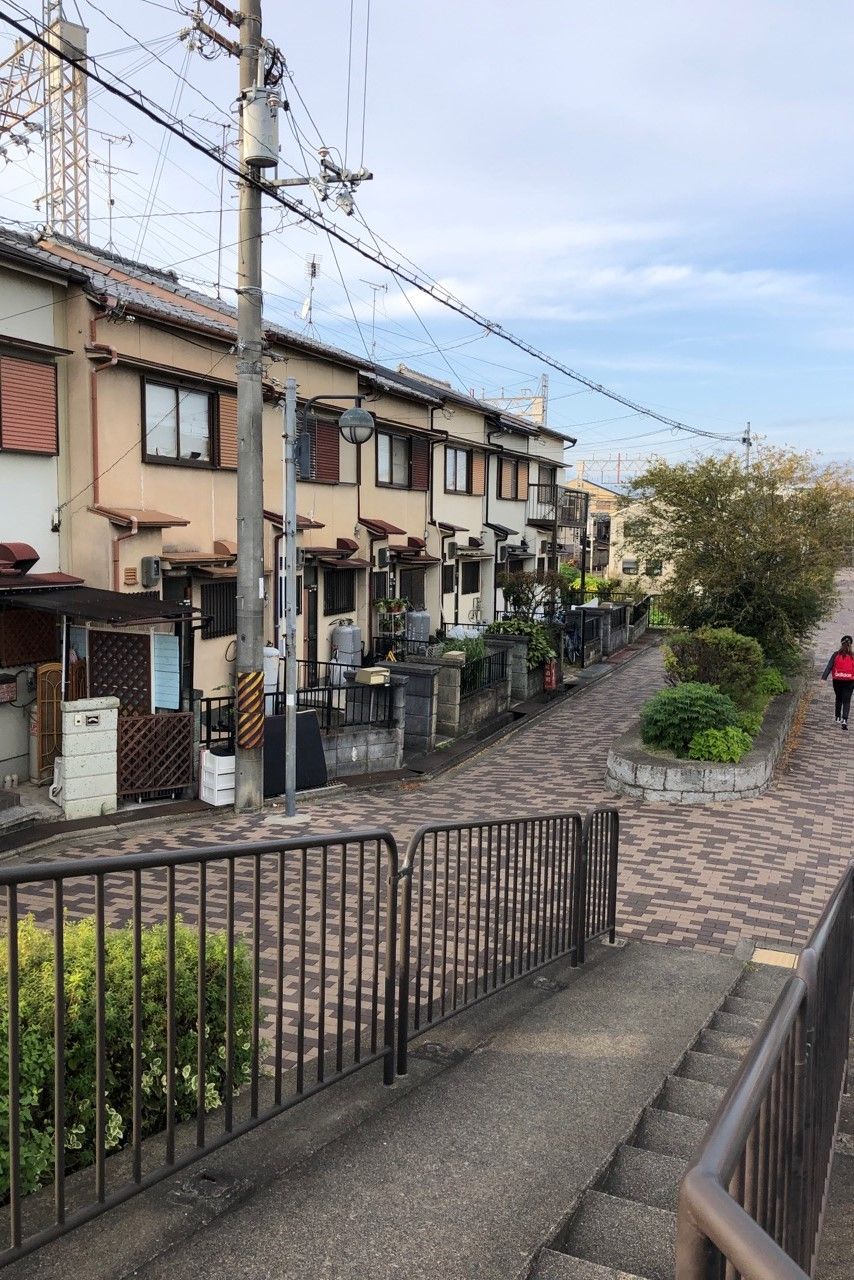 A residential street with houses, a pedestrian, and a utility pole.