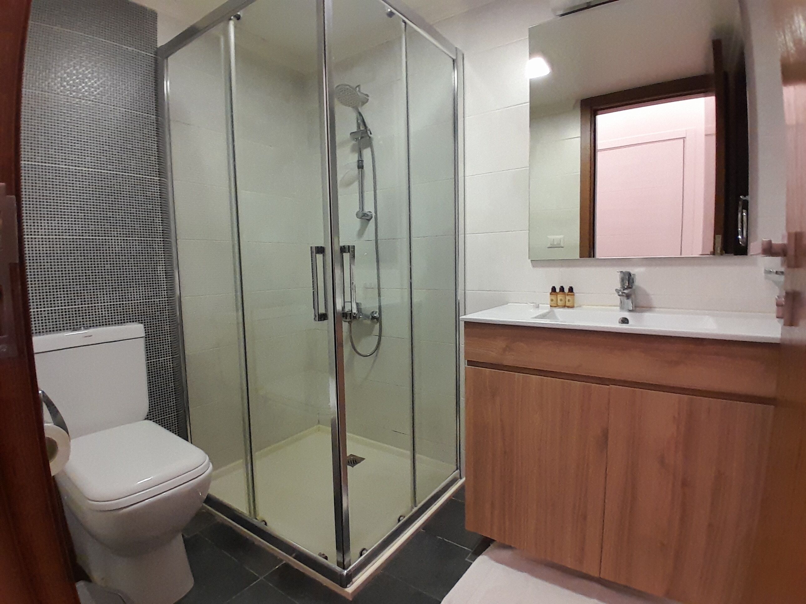 Un bagno con doccia vetrata, un water, un lavandino con mobili in legno e uno specchio sopra l'armadietto a specchio.
