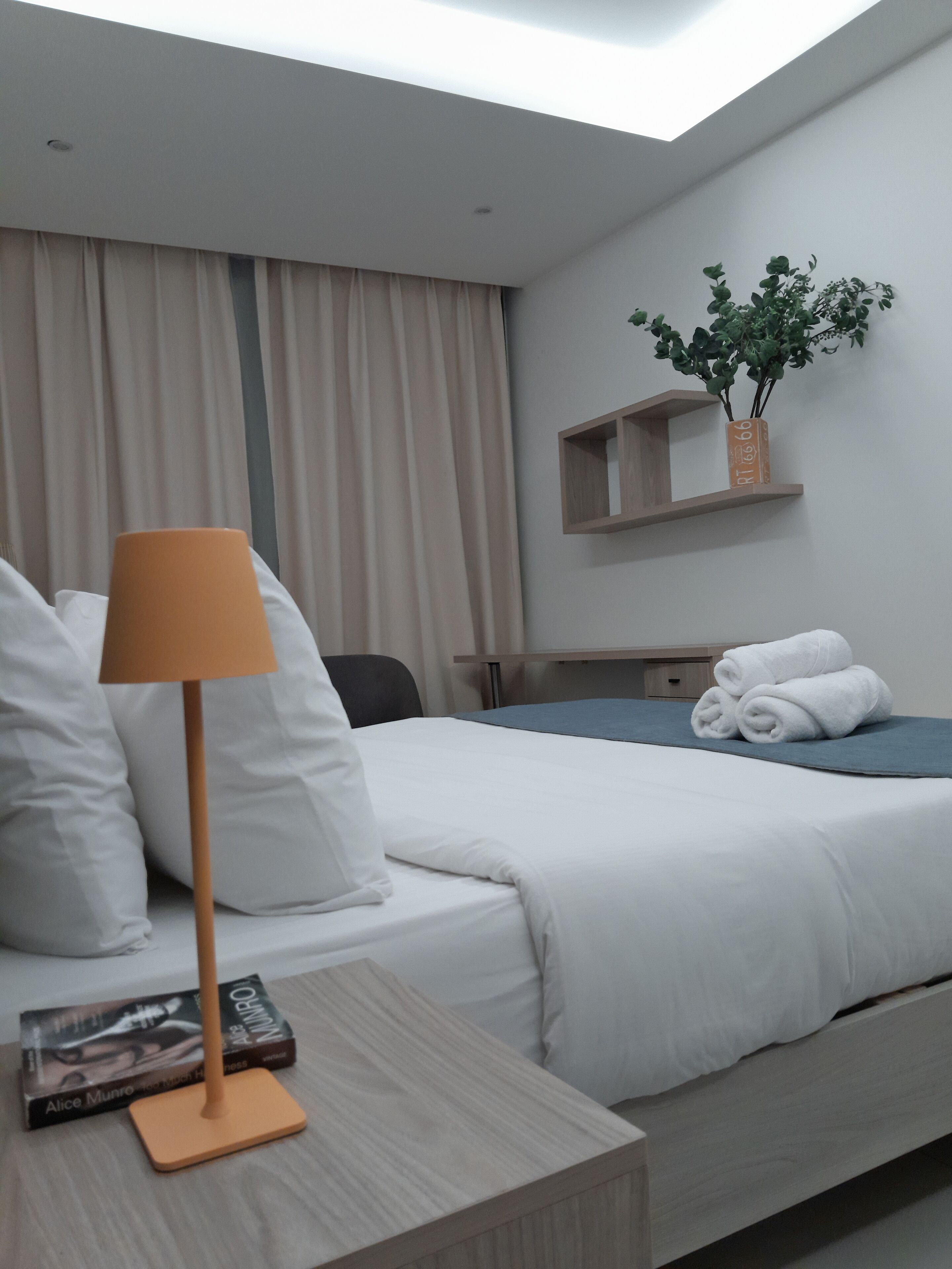 Habitació d'hotel moderna amb un llit, una taula de nit amb una làmpada, una petita estant amb una planta, i un llit ben fet amb tovalloles.