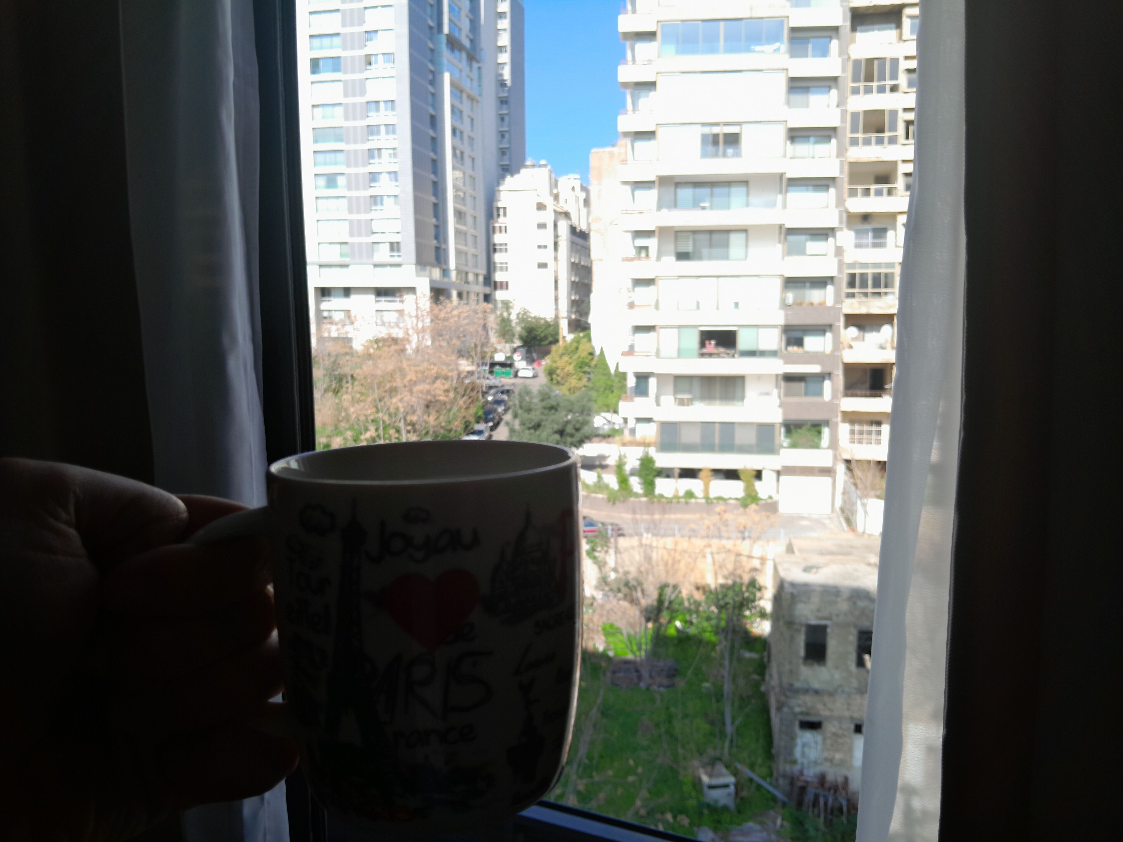 A hand holding a mug with writing and a heart, through a window overlooking high-rise buildings.
