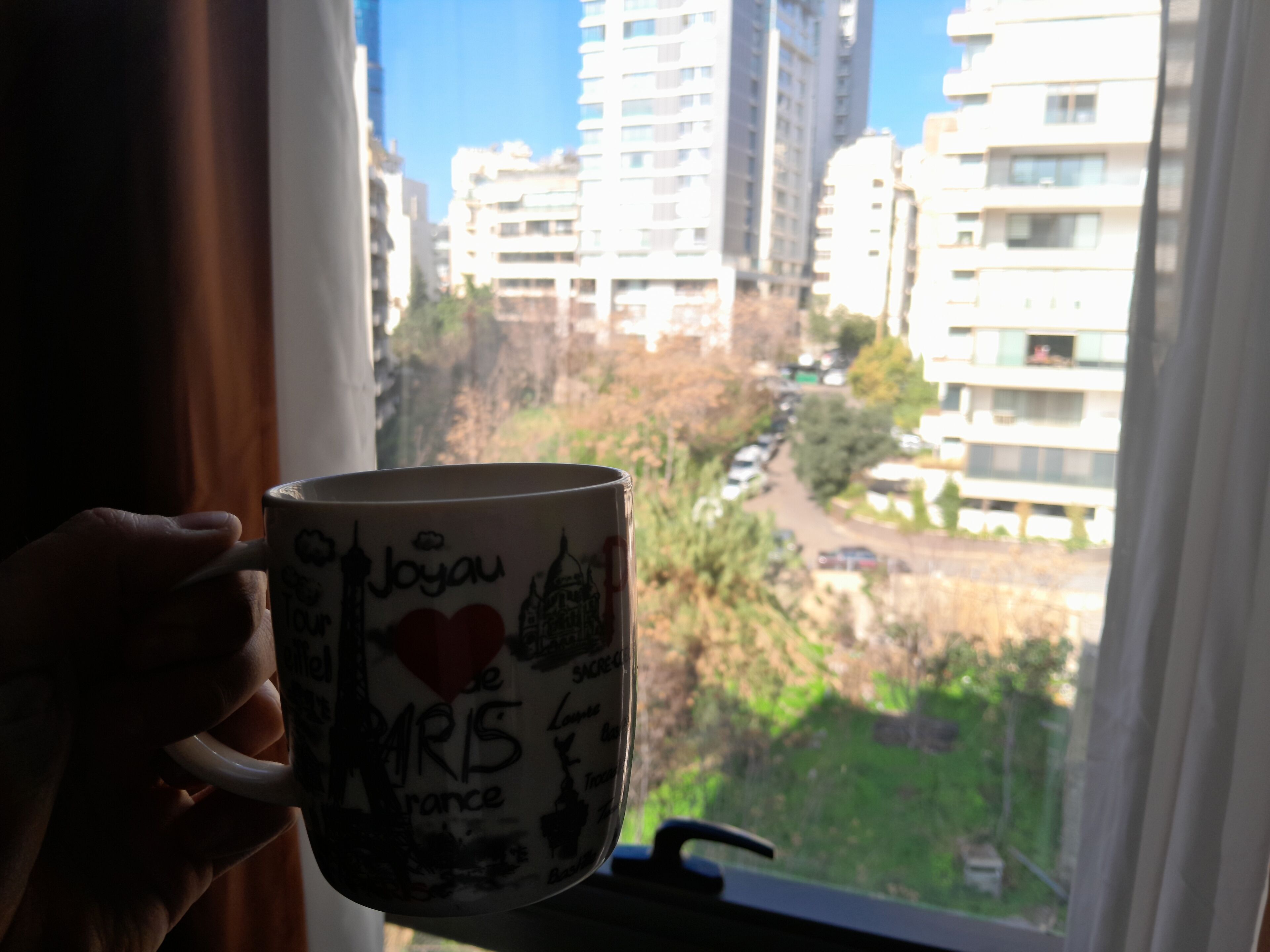 A mug with Paris-related designs held by a hand, with a view of high-rise buildings and a road in the background.