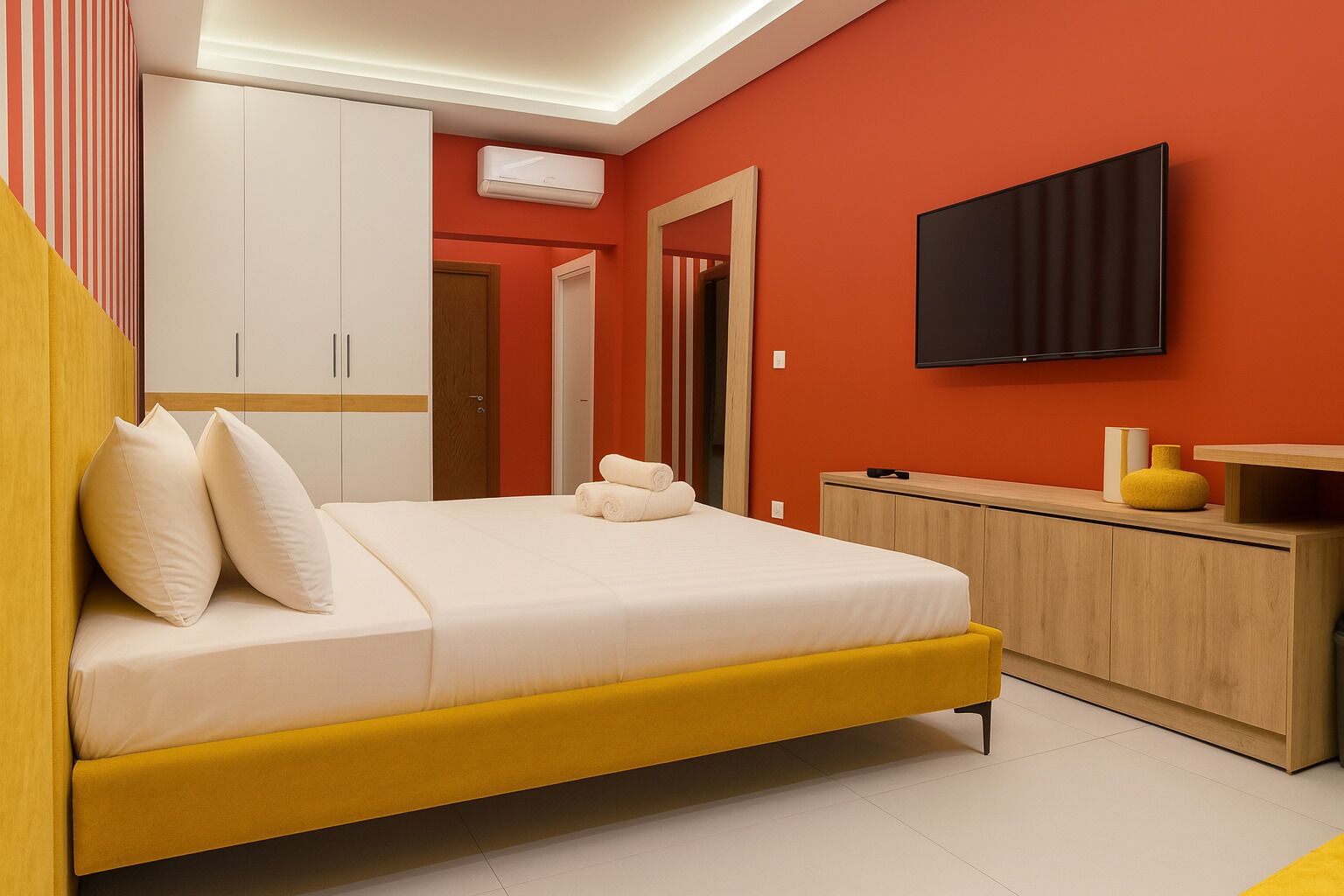 A modern bedroom with a bed, wardrobe, and a TV.