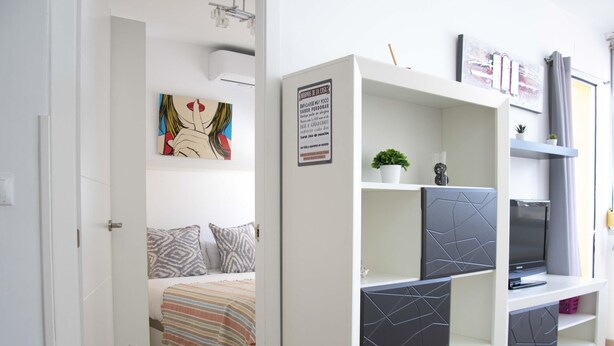 A modern living room with a sofa, a TV, and a bookshelf. - MONKÓ ROSARIO´S APARTMENT BEACH & SUN (Torremolinos)