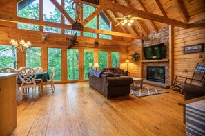 Smart TV, fireplace, video games, DVD player