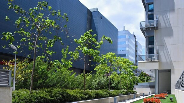 A modern urban courtyard with green lawns, trees, and a building with balconies. - Amaizing Loft in Madrid Norte (Madrid)