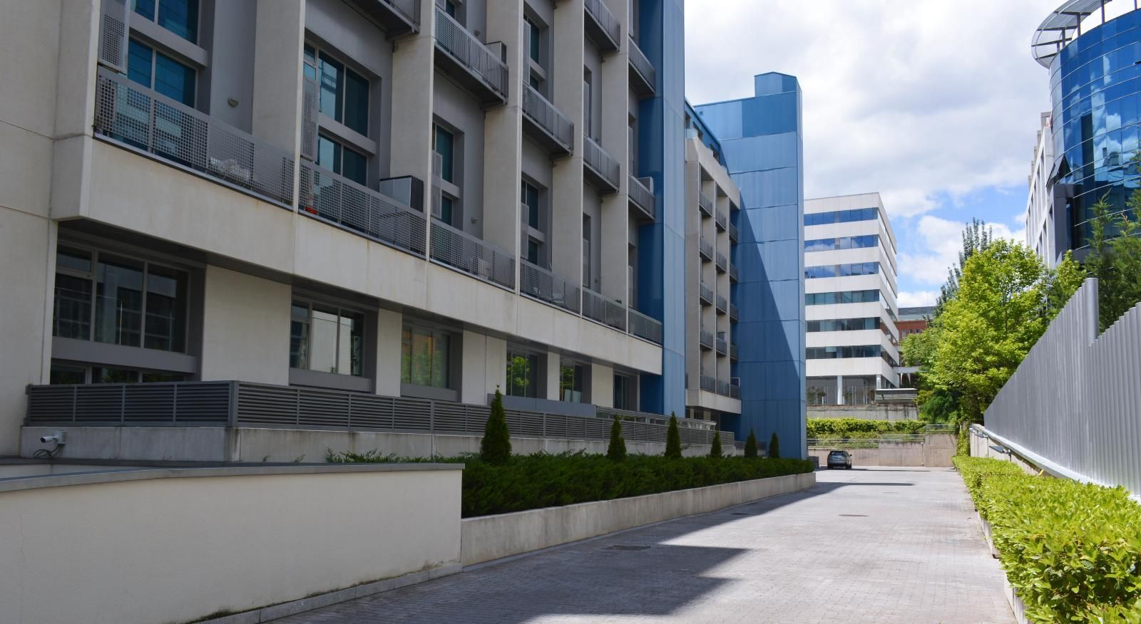 Un edificio moderno con fachada limpia y geométrica, un sendero pavimentado y un pequeño espacio verde con arbustos.